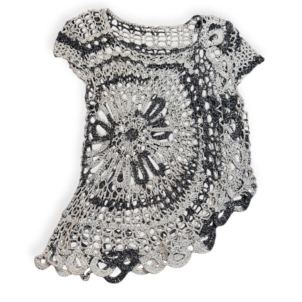 Boho Crochet Top Women's Silver‎ Black Sparkle Short Sleeve Festival XS/S